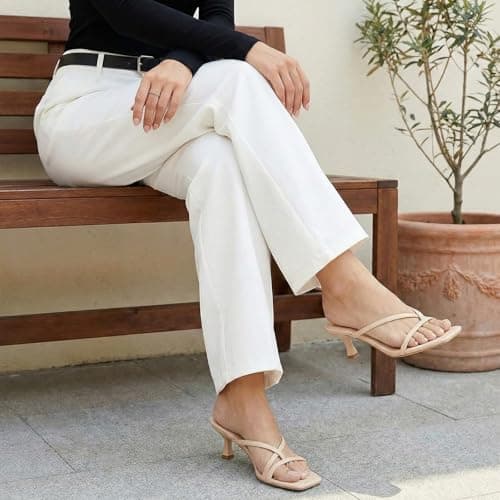 Athlefit Nude Kitten Heels for Women Flip Flops Square Open Toe Strappy Low Heels Sexy Party Wedding Dress Thong Heeled Sandals Nude Size 8.5 - Thumbnail 3