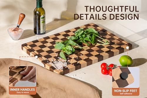 FYCTIO Checkered Cutting Boards for Kitchen, Wooden Chopping Board with Juice Grooves & Handles, Acacia Decorative Cutting Board Butcher Block Serving Tray with Gift Box, 16.5" x 11.6" x 0.8" - Thumbnail 5