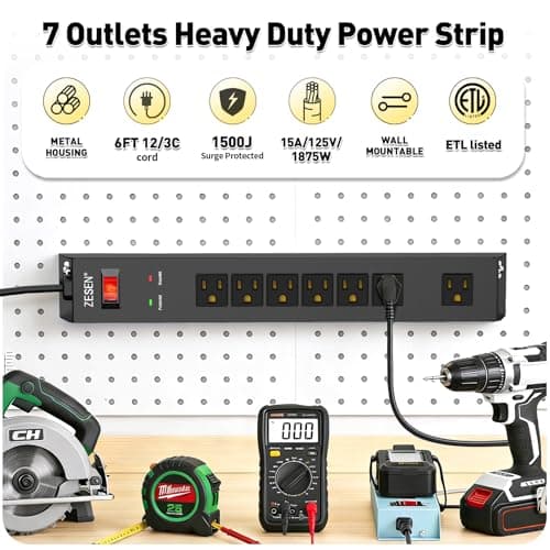 ZESEN 7 Outlet Metal Long Power Strip with Overload Protection & 1500J Surge Protection, 6ft Cord Wall Mounted Industrial Power Strip for Office Workshop Garage, ETL Listed(15A/1875W), Black - Thumbnail 2