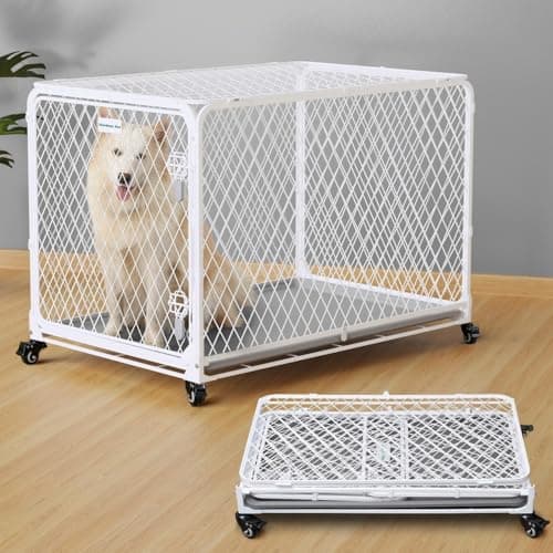 Gardner Pet 42 Inch Collapsible Diamond Mesh Dog Kennel, No Assembly Metal Dog Crate with 4 Lockable Wheels,Removable Tray,Portable Dog cage for Medium/Large Dogs(150-200 lbs) Indoor Outdoor Use