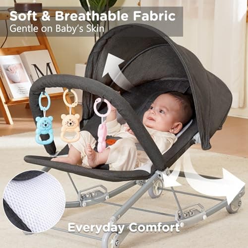 HKAI Rocking Baby Bouncer with Canopy, 2-Mode Rocking & Rolling Infant Seat, Portable Baby Chair for 0-18 Months, Grey - Thumbnail 6