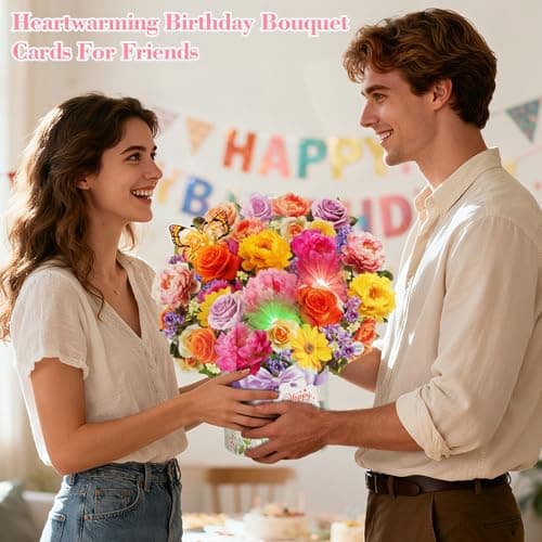 XTF2015 Birthday Cards with MUSIC & LIGHTS, Happy Birthday Card, Peony & Butterfly, 13 Inch Life Sized Forever Flower Bouquet 3D Pop Up Music Cards for Mom Daughter Women Wife - Thumbnail 4