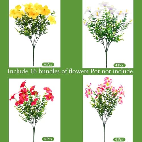 UJROQI Artificial Flowers for Outdoors Fake Plants Outside, 16 Bundles Silk Morning Glory with Eucalyptus, UV Resistant Realistic Faux Flowers for Planters Porch Patio Garden Balcony Decor (4 Color) - Thumbnail 2