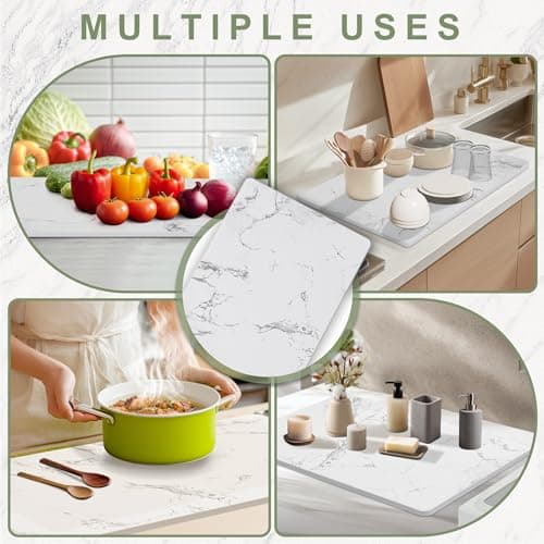 Vorisebo Large Stone Drying Mat for Kitchen Counter, 24" × 16" Diatomite Dish Drying Mat, Quick Dry Stone Mats, Ultra Absorbent Natural Diatomaceous Earth Mats for Dished, Bottles, White Marble - Thumbnail 6