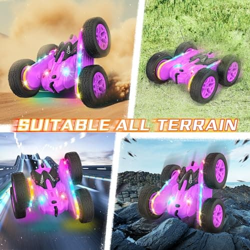 Terucle Remote Control Car, Rc Cars Stunt RC Car Toys New Upgraded Strip Lights and Headlights Girl Toys Double-Sided 360° Rotating 4WD Drift Truck for Boys Girls Birthday Gift (Purple) - Thumbnail 4