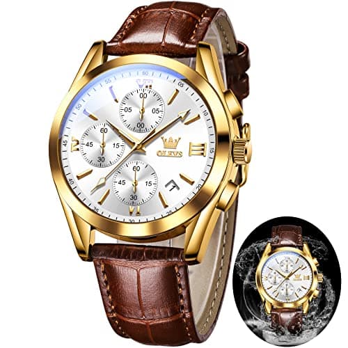 OLEVS Mens Watches Brown Leather Strap White Face Chronograph Wrist Luxury Casual Watches for Men Waterproof Luminous Analog Quartz Nice Men Watch Relojes para Hombres - Image 1