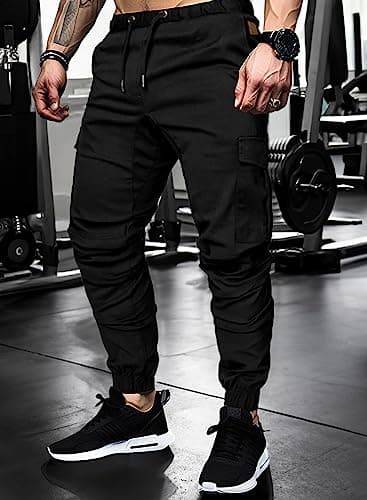 JMIERR Man Fashion Cargo Pants - Casual Cotton Tapered Stretch Twill Chino Athletic Joggers Sweatpants Drawstring Hiking Workout Trousers Travel Pants with Pockets for Men, US 36(L), 1 Black - Thumbnail 3