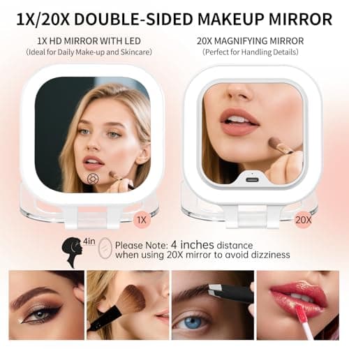 FUNTOUCH Rechargeable Travel Makeup Mirror, 20X/1X Magnifying Double Sided Makeup Mirror, Lighted Portable Vanity Mirror,3 Colors Lighting & Stepless Dimming,with Tweezers & Bag,Gift for Women,White - Thumbnail 3