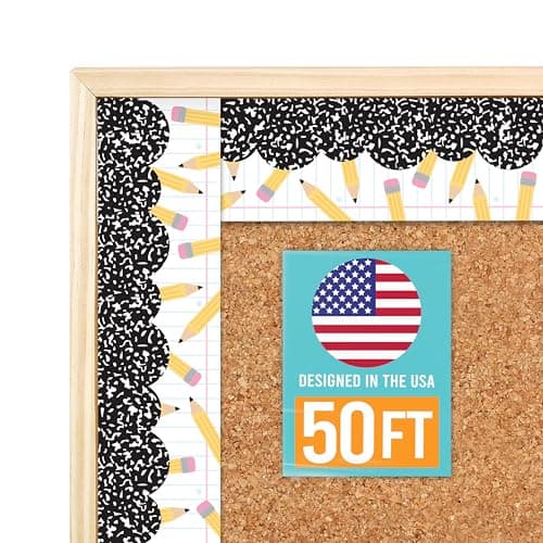 50ft Bulletin Board Borders Trim - Classroom Borders for Bulletin Board Decorations, Teacher Supplies for Classroom Decor Preschool, Kindergarten & Elementary, Pencils Scalloped Boarders - Image 1