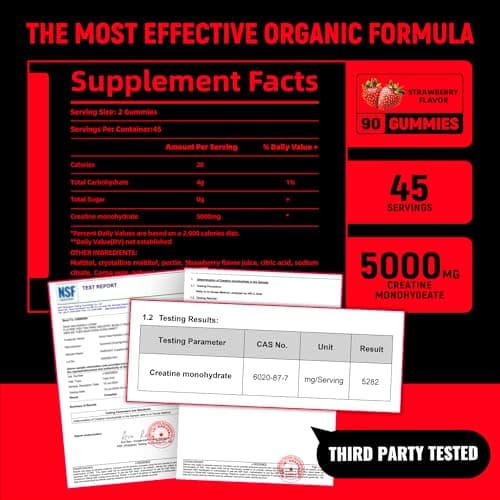 NSF Certified Creatine Gummy - Creatine Monohydrate Gummies 5g for Men & Women - Boost Focus,Strength, and Endurance, Vegan, Gluten-Free, Non-GMO, 2.5 Gram Creatine per Gummy (Strawberry 90 ct) - Thumbnail 3
