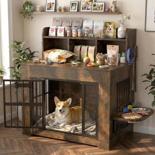 Petrova 33" Dog Crate Furniture with Storage Shelf & 2 Stainless Steel Bowls, Heavy Duty Indoor Dog Kennel for Medium/Small Dogs, Wooden Dog Cage with 4 Hooks, LED Light, Walnut Brown - Image 1