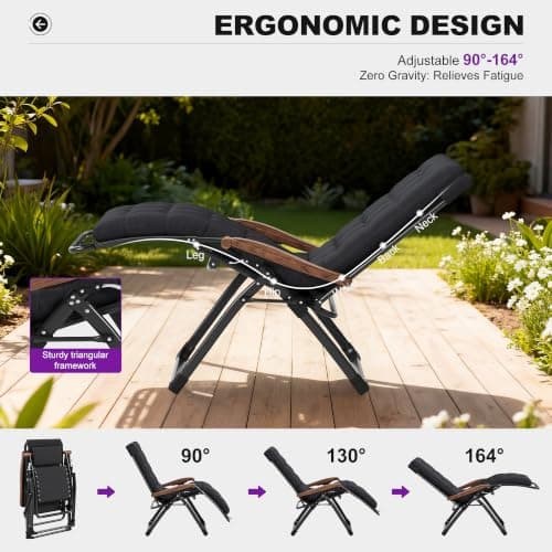 PURPLE LEAF Extra Wide Outdoor Reclining Chair Patio Zero Gravity Chaise Lounge Folding Chair with Removable Cushion Adjustable Headrest for Lawn Camping Beach Pool Black - Thumbnail 4