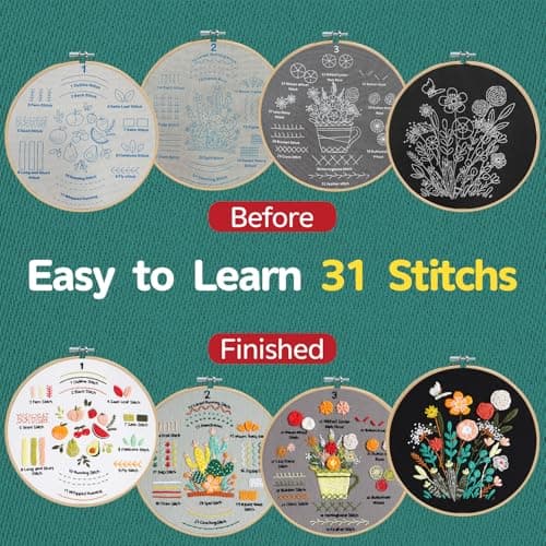 Meyocky Embroidery Kit for Beginners, 4 Pack Starter Embroidery Kits for Adults Learn 31 Stitches with Simple Patterns, Step-by-Step Video Stitch Practice Sampler Kit,Gift for Women Craft Lovers - Thumbnail 4