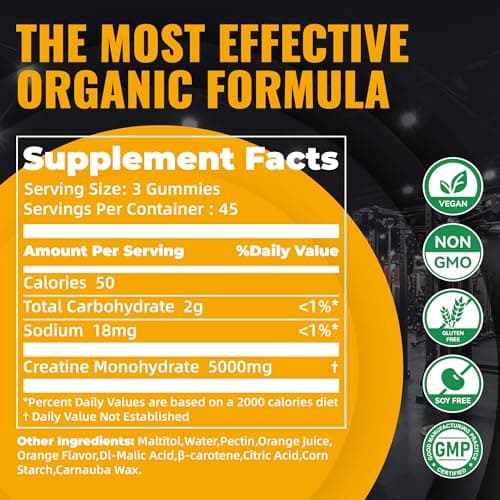 Natures Aid NSF Certified Creatine Gummy 5g - Creatine Monohydrate Gummies – Pre-Workout Energy & Muscle Growth Support for Men & Women | Orange Electrolyte Gummies (135 Count) - Thumbnail 3
