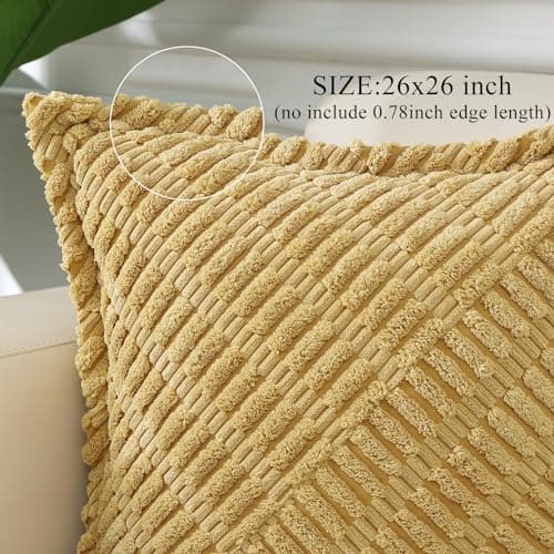 decorUhome Decorative Mustard Yellow Throw Pillow Covers 26x26 Set of 2 with Splicing, Boho Soft Corduroy Broadside Twill Spring Pillow Covers for Couch Bed Sofa Living Room - Thumbnail 2