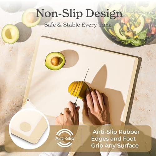 SMIRLY Plastic Cutting Board Set with Holder 4 Pieces, Non-Slip Dishwasher Safe Chopping Boards for Kitchen, Cream White - Thumbnail 3