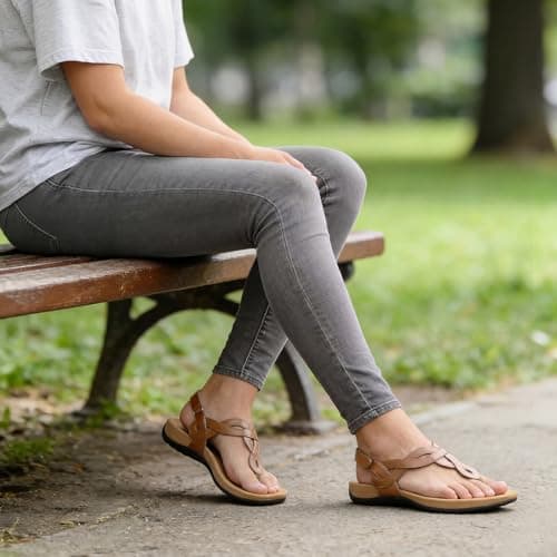 Athlefit Orthopedic Arch Support Flat Sandals for Women Comfortable Orthotic Casual Summer Tan Beach Thong Sandals Size 6.5,AD00632 - Thumbnail 3