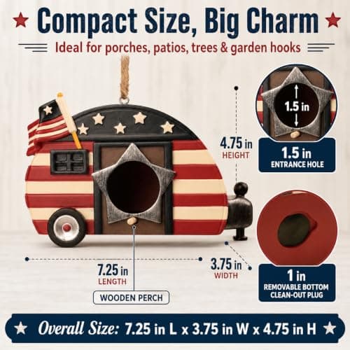 Hanging Bird House for Outside, Hand-Painted Patriotic Camper Birdhouse, Resin American Flag Bird House with Cleaning Plug, Outdoor Garden Decor for Yard, Patio, Porch, Tree, Gift for Bird Lovers - Thumbnail 4