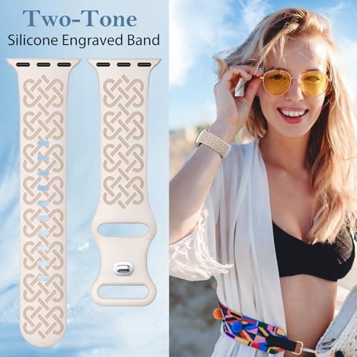 Minyee 2 Pack Engraved Bands Compatible with Apple Watch Band 42/44/45/46/49mm Women, Soft Silicone Two-Tone Celtic Sport Strap for iWatch Series 11 10 9 8 7 6 5 4 SE/Ultra 3 2 1,Starlight/Black/Nude - Thumbnail 5