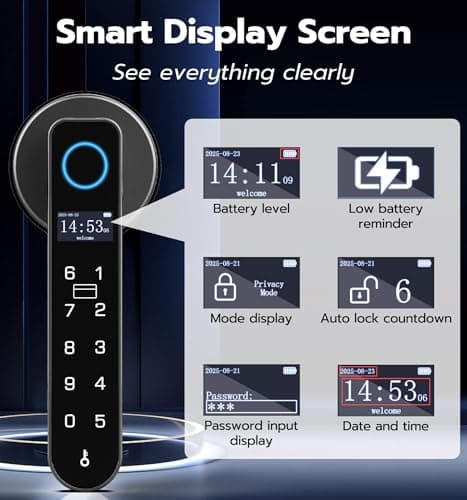 Anweller H1 Fingerprint Door Handle Lock, Smart Keyless Entry Door Knob Lock, Door Lever Locks for Bedroom, Bluetooth App Control Doorknob, Display Screen, RFID Card, Code Keypad - Black - Thumbnail 3