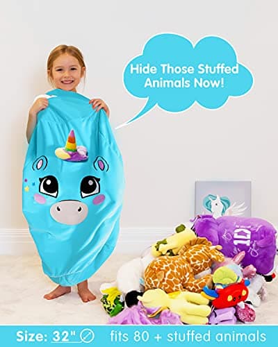 Aubliss Stuffed Animal Storage, Velvet Bean Bag Chairs Cover, Large 32" Ultra Soft Kids Toy Storage Organizer for Blankets Towels Clothes, Blue Big Eyes - Thumbnail 3