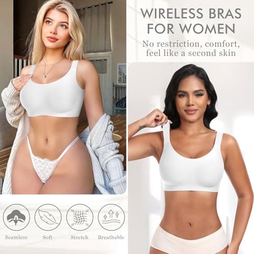 Ganado Seamless Wireless Bras for Women Full Coverage No Underwire Supportive Bras Padded T Shirt Bra Comfort Bralette (White X-Large) - Thumbnail 5