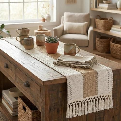 yuboo Boho Coffee Table Runner 48 Inch, Spring Farmhouse Burlap Dresser Runner Scarf, Rustic Macrame Runner for Round Table, TV Stand, Entryway Console, Neutral Easter Decor - Thumbnail 3