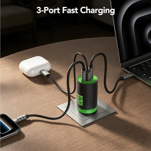 MFish 65W GaN Fast Wall Charger Block with 2 USB-C & 1 USB-A Ports, 5ft Nylon Extension Adapter – High-Speed Charging for iPhone, iPad, MacBook, Samsung Galaxy, and More Devices (Cyber Green) - Thumbnail 4