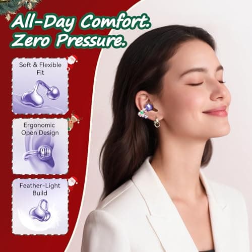 Kinglucky Open-Ear Clip-On Earbuds for Women with Detachable Holiday Bows, All-Day Comfort, Secure Fit, Lightweight Bluetooth 5.4 Wireless Earbuds 50H Playtime, Gift for Her, Clear Calls, Purple - Thumbnail 4