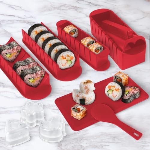 HI NINGER Sushi Maker Set, 24-piece sushi maker kit for beginners to make their own sushi. Can be used as a sushi plate with rice roll molds, knife, sushi plate,sushi rolling mat (red) - Thumbnail 6