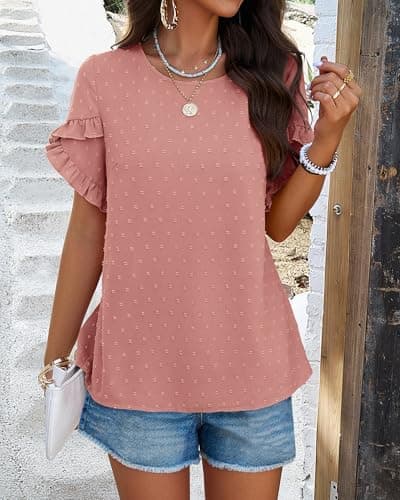 PRETTYGARDEN Women Trendy Blouses 2025 Ruffle Sleeve Jumper Top Dressy Swiss Dot Boho Tunic Tops Cozy Summer Outfits(Pink,XX-Large) - Thumbnail 4