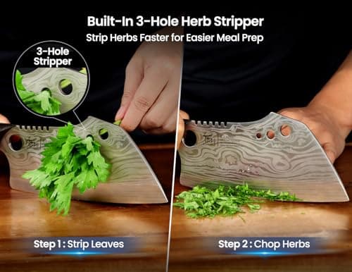 SYOKAMI Meat Cleaver Chef Knife with Sheath, 7.7 Inch Butcher Knife with Herb Stripper, Chopping Knife Heavy Duty Bone Cutting, Damascus Pattern Full Tang Wood Handle, Birthday Gift for Men - Thumbnail 4