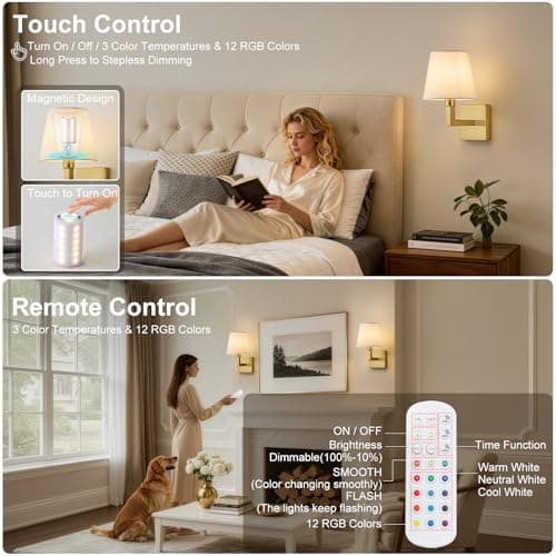 Battery Operated Wall Sconce with 10000mAh Detachable Rechargeable Bulbs, Wireless Wall Sconces Set of Two with Remote, 3 CCT & 12 RGB Dimmable Wall Sconces Battery Operated for Bedroom,Living Room - Thumbnail 4