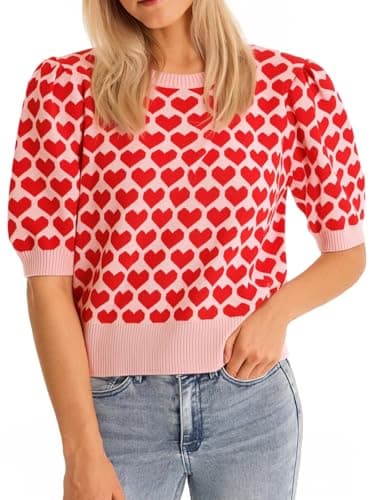 ALPSWARE Women Puff Short Sleeve Sweater Cropped Knit Shirts Cute Heart Valentines Pullover Crop Top(Please Size up) Pink