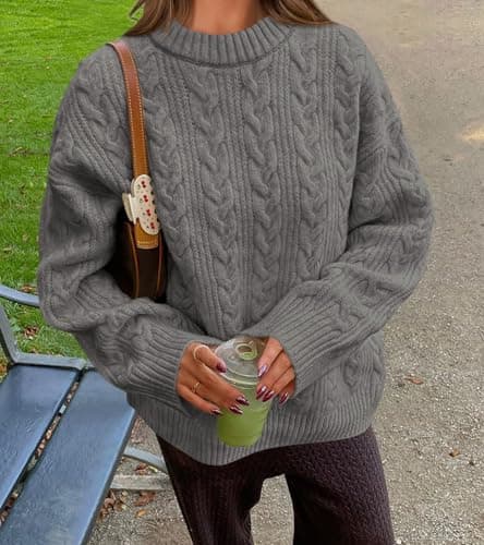 Okiwam Women's Oversized Sweaters Crewneck Cable Knit Pullover Casual Loose Fall Outfits Spring Fashion Clothes 2026-S Grey - Thumbnail 4