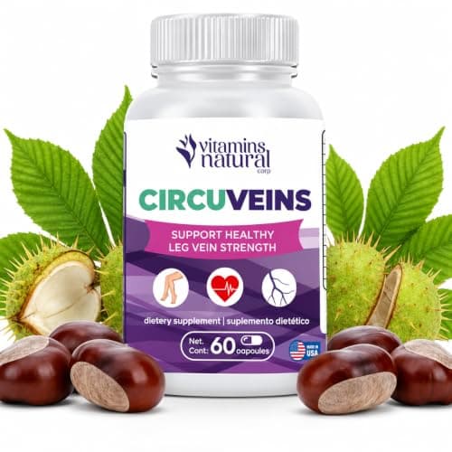 VITAMINS NATURAL CORP CircuVeins Circulation Support Supplement for Legs and Veins with Horse Chestnut Gotu Kola Butcher’s Broom and Grape Seed for Healthy Blood Flow and Leg Comfort – 60 Capsules