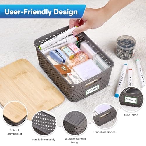 Anysig 8 Packs Plastic Storage Bins with Bamboo Lids - Stackable Storage Bins Decorative Small Basket Containers for Organizing Shelves Office Classroom Desktop Closet, Grey - Thumbnail 3