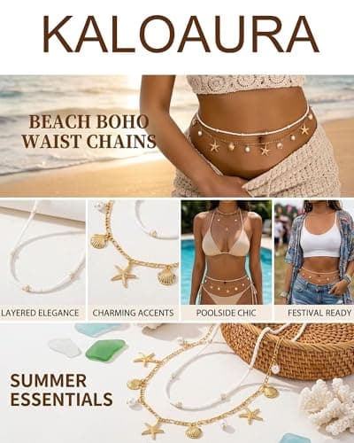 Gold Starfish Waist Chain for Women 2Pcs Adjustable Layered Belly Chain Bohemian Shell Beaded Bikini Body Chain for Beach, Summer Festival, Vacation & Boho Accessories - Thumbnail 5