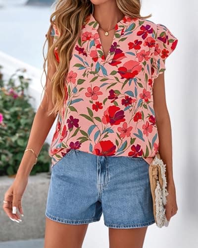 Zenlonr Womens Dressy Casual Tops 2026 Summer Ruffle Cap Sleeve V Neck Shirts Boho Floral Blouses Vacation Outfits(Floral Orange Pink Red,XX-Large) - Thumbnail 5