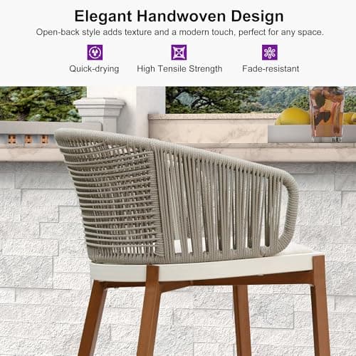 PURPLE LEAF Outdoor Rattan Bar Height Stools Set of 2 Modern Patio Metal Wicker Barstools Boho Aluminum Woven Bar Chairs with Wraparound Arm Backrest for Kitchen Island Garden Indoor Teak - Thumbnail 3
