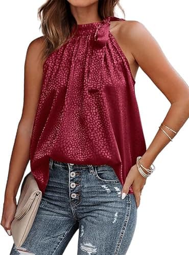 BTFBM Satin Halter Tops for Women 2026 Summer Spring Clothes Leopard Side Tie Bow Mock Neck Sleeveless Loose Tank Top(Wine Red, X-Large) - Image 1