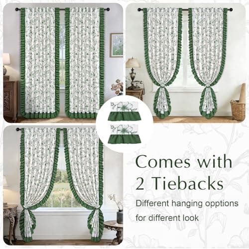 Yinhua Green Floral Curtains for Living Room 84 Inch Length French Country Bedroom Curtains with Ruffle Tieback, Linen Light Filtering Window Curtain Rod Pocket Back Tab Drapes, 52"W x 84"L, 2 Panels - Thumbnail 6