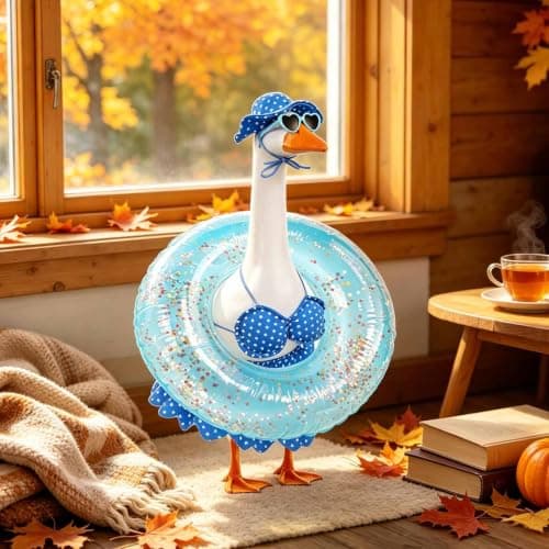yuboo Hawaiian Porch Goose Outfits, 5 Pcs Summer Bikini Goose Outfit Fits 23 Inch Goose Statue with Sunglasses, Swimming Ring, Hat and Skirt for Pool Party Cement Garden Yard Decor - Thumbnail 2