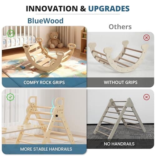 BlueWood Pikler Triangle Set, Toddler Wooden Climbing Toys Indoor 7in1 Climber, Foldable Kids Climbing Toys, Montessori Play Jungle Gym with Arch, Ramp, Ladder (Natural) - Thumbnail 5