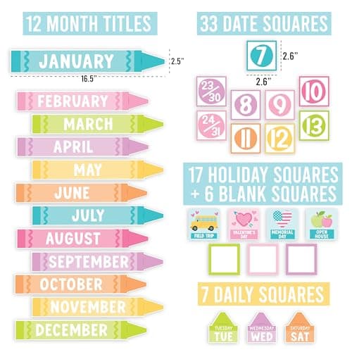 Classroom Calendar Set Bulletin Board Decor – 98 pcs School Calendar for Classroom Elementary & Preschool, Bulletin Board Decorations with Weather Chart & Seasons, Crayon Teacher Must Haves - Thumbnail 2