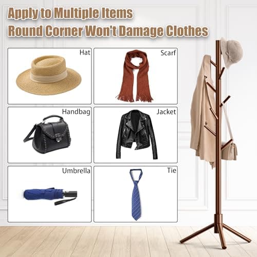 Aliphon Wooden Coat Rack Stand, Freestanding Coat Rack with 8 Hooks, 3 Adjustable Size Coat Tree for Hats, Coats, Scarves bags, Coat Hanger Stand Used in Bedroom/Office/Entryway （Brown） - Thumbnail 6