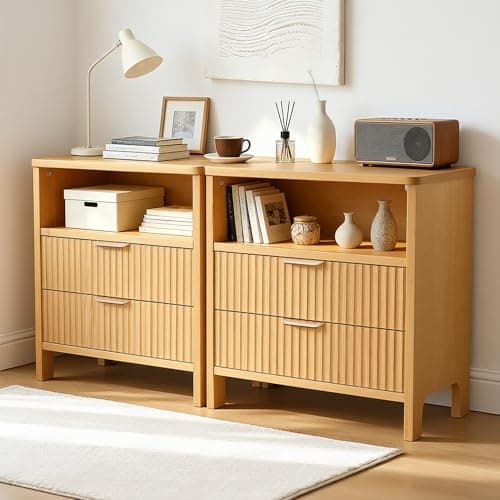 PATAVOT Fluted Nightstand Set 2 with Charging Station, 23" Wide Nightstand with 2 Large Drawers & Storage Shelf, Natural Oak Wood Beside Table, Mid Century Modern Nightstand for Bedroom/Living Room - Image 1