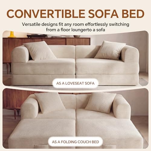 ceamorfco Boneless Couch, 74.8 Inch Modular Sofa Bed with Wide Armrest, Beige Corduroy Loveseat Sleeper with Removable Washable Cover, Comfy Floor Sofa for Living Room, Apartment, Office, No Assembly - Thumbnail 4