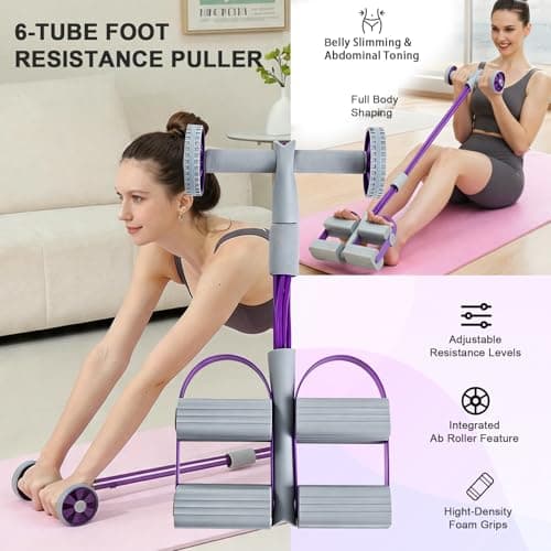 Pedal Resistance Bands with Handles,Soft Puller Exercise with Thickened 6 Tension Ropes,Tube Pedal Resistance Device for Abdomen Waist Arm Leg Core/ABS Yoga Pedal Puller Resistance Band (Purple) - Thumbnail 4