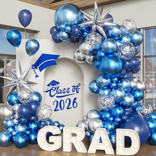 Blue Silver Balloon Arch Kit, 130Pcs Navy Blue Metallic Blue Silver Balloons with Foil Star Confetti Balloons for College High School Graduation Decorations Class of 2026 - Image 1